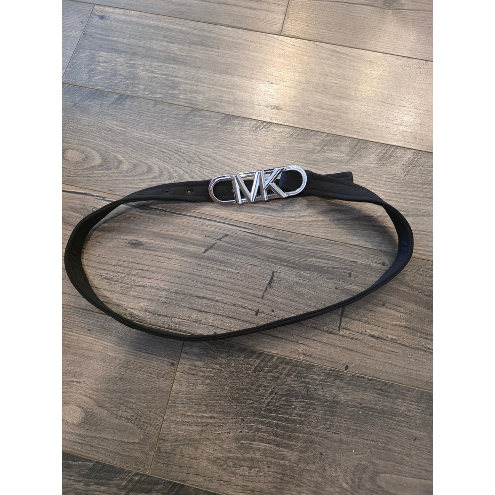 Michael Kors Black Fabric Belt Silver MK Logo Buckle Womens Designer Accessory‎